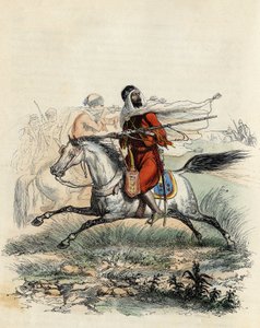 Red horsemen of Emir Abd-el-Kader fled by hunters on horseback of the French army at Oran in 1841, in 
