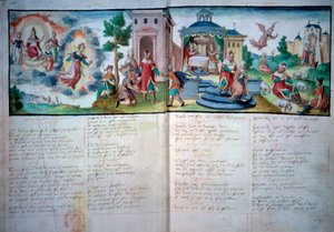 Religious Theatre: Passion and Resurrection played in Valenciennes in 1547. Manuscript page with watercolor by Unknown artist