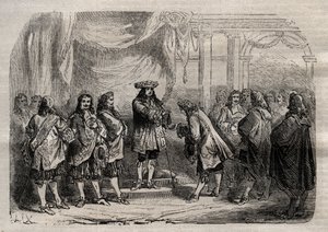Rene Duguay Trouin (1673-1736) receiving the cross of Saint-Louis from the hands of King Louis XIV - engraving in 