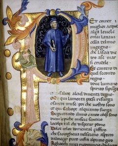 Representation in a lettrine of the poet Dante Alighieri, miniature 14th century