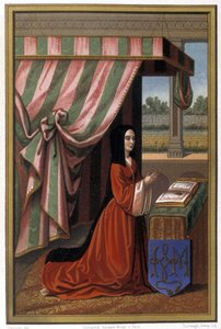 Representation of Anne de France known as Anne de Beaujeu (1461-1522) in prayer. She is the daughter of Louis XI and Charlotte de Savoie. Chromolithography after illumination