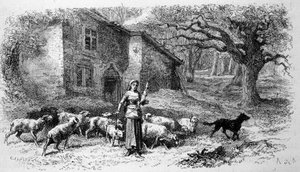 Representation of Joan of Arc when she was still a young shepherdess in Domremy. Engraving. 19th century
