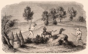 Representation of medieval tribes and animal species: two Cynocephalus fighting monsters by Unknown