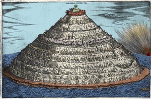 Representation of the Purgatory after the Divine Comedy of Dante Alighieri (1265-1321): the earthly Paradise is at the top. Anonymous engraving of the 17th century by Unknown artist