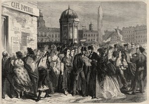 Revolution of September 1868 in Spain (Gloriosa): reading the manifesto of the junta, in the street of Alcala in Madrid. Engraving in 