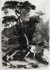 Roland pursuing Angelique (Angelica) - engraving of 1851 from Furious Roland (Orlando furioso) (16th century) by Ludovico Ariosto, known as the Ariosta - Edition translated from Italian by the Count of Tressan and published by Gustave Harvard 1851 by Unknown artist