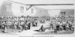 Royal Tobacco Manufacture: cigar manufacturing workshop. 19th century engraving. by Unknown artist