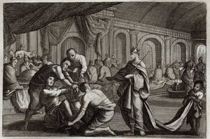 Royaumont Bible, New Testament: Bridal dress. Parable of a King who made the wedding of his son, from which he rejected a man who did not have the bridal dress. Illustration from 1811.