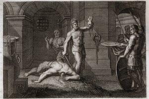 Royaumont Bible, New Testament: Decollation of Saint John the Baptist. His head is placed on a platter. Illustration from 1811.