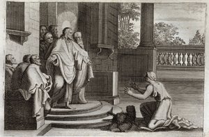 Royaumont Bible, New Testament: Jesus Christ and the Canaanite Woman. A Peasant Asks the Lord for Help to Heal Her Daughter. Illustration from 1811 by Unknown artist