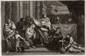 Royaumont Bible, New Testament: Purification of the Virgin or presentation in the Temple. The Holy Family offers Jesus Christ to the Temple and gives him to Simeon. A woman holds two doves in a basket. Illustration from 1811. by Unknown artist