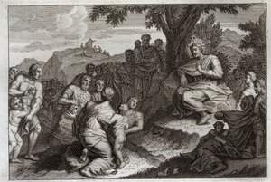 Royaumont Bible, New Testament: Sermon on the Mount. Jesus Christ chooses twelve Apostles from his disciples, and delivers the Sermon on the Mount. Illustration from 1811 by Unknown artist