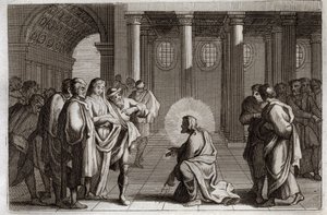 Royaumont Bible, New Testament: The Adulterous Woman. Jesus Christ is divinely deluding himself from the traps which the Jews laid upon him, asking him what should be done of a woman caught in adultery, saying, 