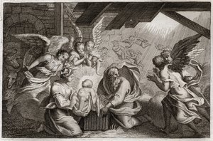 Royaumont Bible, New Testament: The Nativity. Jesus Christ was born from the Blessed Virgin Mary in a stable in Bethlehem. Illustration from 1811