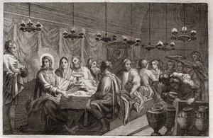 Royaumont Bible, New Testament: The Wedding of Cana. First Miracle of Jesus Christ Changing Water into Wine. Illustration from 1811