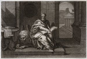 Royaumont Bible, New Testament: The evangelist Saint Mark with the lion. Illustration from 1811