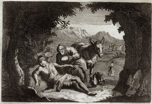 Royaumont Bible, New Testament: The parable of the Good Samaritan. The Samaritan stopped on his way to rescue the man in distress. Illustration from 1811.