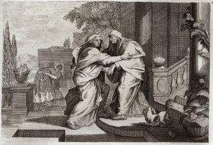 Royaumont Bible, New Testament: Visitation. The Blessed Virgin Mary visits her cousin Elisabeth. Illustration from 1811 by Unknown artist