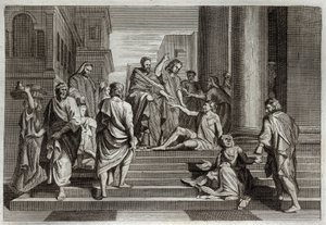 Royaumont Bible, New Testament: War of the lame. Saint Peter, accompanied by Saint John, miraculously warried a lame man in Jerusalem. Illustration from 1811 by Unknown artist
