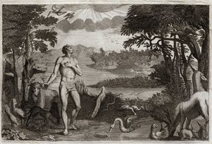 Royaumont Bible, Old Testament: Creation of Man and Woman. God who created man, puts him in the earthly Paradise, and forbids him to eat of the fruit of the tree of the knowledge of good and evil. Illustration from 1811. by Unknown artist