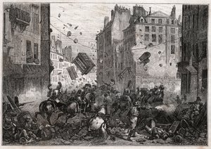 Rue Saint-Antoine during the Trois-Glorieuses (July 1830) - Revolution of 1830 Barricade fighting on Rue Saint-Antoine in 1830 by Unknown artist