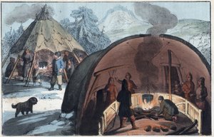 Saami Family in a Tent in Lapland - Interior of a Laplander Hut with a Family Around the Fire - Engraving from 