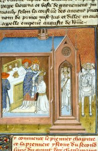 Coronation of Charlemagne in 800 by Pope Leo III. - Illumination of manuscript from the Middle Ages