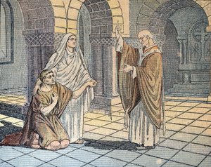 Saint Augustine of Hippo and his mother Sainte Monique facing Saint Ambrose in Milan, 387, Illustration from 