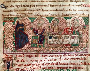 Saint Maur founder of the monastery of Flanfeuil in Anjou is received at the table of Gaidulfe of Ravenna, persecutor of the monks and punishes him. Miniature from 