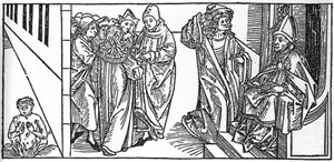 Saint Severin. Engraving from “Leben der Heiligen - sommerteil” (The book of the saint) by Jacobus (James) of Voragine (1228-1298). Lubeck 1488. by Unknown artist