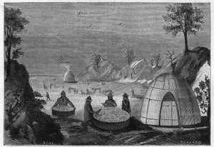 Sami wizard predicting the future by means of a magic drum. Engraving from 1885