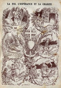 Scenes illustrating Faith, Hope, Charity and their opposite, Incredulity, Desperation and Egoism. Illustration in 