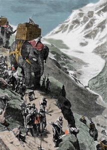 Second Punic War. The army of Hannibal Barca crossing the Alps, 218 BC. Italian engraving of the 19th century by Unknown artist