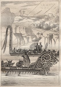 Second voyage (1772-1775) by Captain James Cook (1728-1779): Neo-Zelandans war canoes (Neo Zelandaises) - illustration taken from 