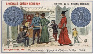 Series Histoire de la Monnaie Française published by Chocolat Guérin Boutron. Chromolithography 19th century. Silver denier by Philippe le Bel in 1285