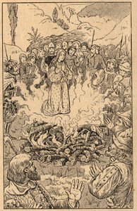 She Stays in the Middle of the Flames... Saint Rose of Viterbo. Engraving from the End of the 19th Century. Private Collection.