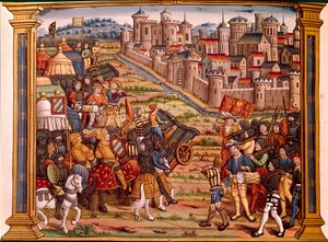 Siege of a City with Bombs: Louis XI against the Liegeois. Miniature from the manuscript Les epitaphes des feux kings Louis XIth of this name and from Charles his son VIII of this name that god absoe by Unknown artist
