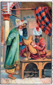Sindbad makes a saddle. The wonderful adventures of Sinbad the sailor. Popular tale of 1001 nights.