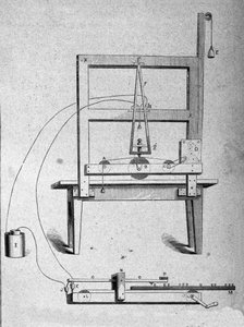 Sketch of the first telegraph of American inventor Samuel Finley Breese Morse. Engraving of the 19th century by Unknown artist