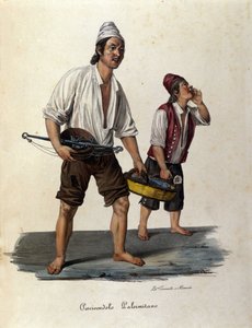 Small street trade: sellers of walking fish. Sicily engraving of the 19th century by Unknown artist