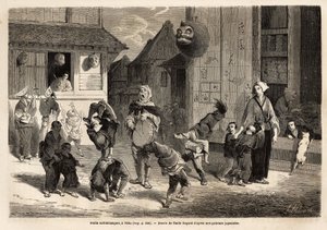 Small saltibanks performing acrobatic numbers in music in the streets of Yedo (Edo, present-day Tokyo). Engraving to illustrate the voyage to Japan, in 1863-1864, by Aime Humbert, minister of the Swiss Confederation, in Le tour du monde