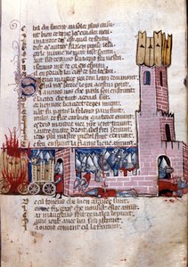 Song of gesture: combat scene near a fortified city (probably the conquest of Spain by the army of Charlemagne). Miniature from the French-Italian manuscript 