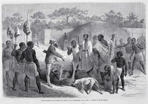 Speke presenting his hunting trophies to S.M. Rumanika - in Tour du Monde by Unknown artist