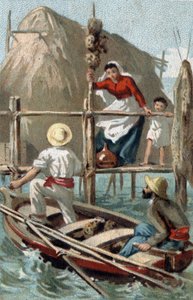 Sponge fishermen in Cuba. Chromolithography of the late 19th century by Unknown artist