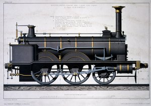 Steam locomotive of the Mulhouse Railway - drawing in the wash by Unknown artist