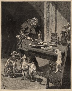 Table art: cuts food before the fork arrives. A man holds the meat with a sheet of paper in one hand and uses his knife in the other. Engraving from 1885 in 