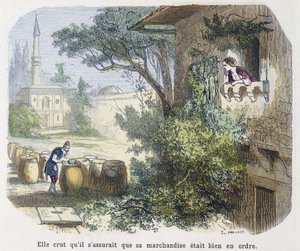 Tale: she believed that he was making sure that his goods were in order - in The Thousand and One Nights, ed. Emile Guérin, told by Md Bondet, Paris, n.d. by Unknown artist