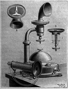 Telephony in Sweden: model of a telephone of the Ericsson Company. Engraving in La Nature: revue des sciences et de leurs applications aux arts et a l