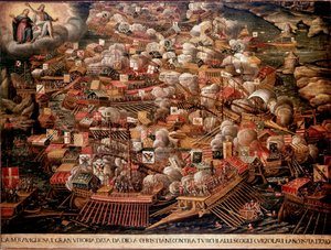 The Battle of Lepanto off the coast of Greece opposed a Spanish, Venetian and Pope forces to the Ottomans in 1571. Anonymous painting. 16th century. Venice Museo Correr by Unknown artist