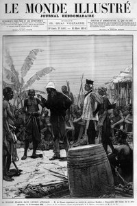 The Brazza Mission in West Africa: Pietro Paolo Savorgnan di Brazza or Pierre Paul Francois Camille Savorgnan de Brazza (1852-1905) organizing a convoy of Batekes carriers to Franceville (Gabon) on December 14 by Unknown artist